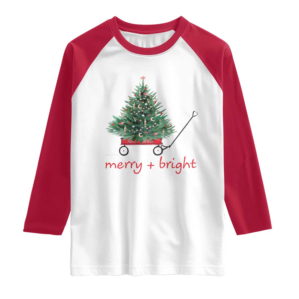 Christmas Raglan Shirt Merry And Bright Retro Xmas Tree Wagon TS11 White Red Print Your Wear