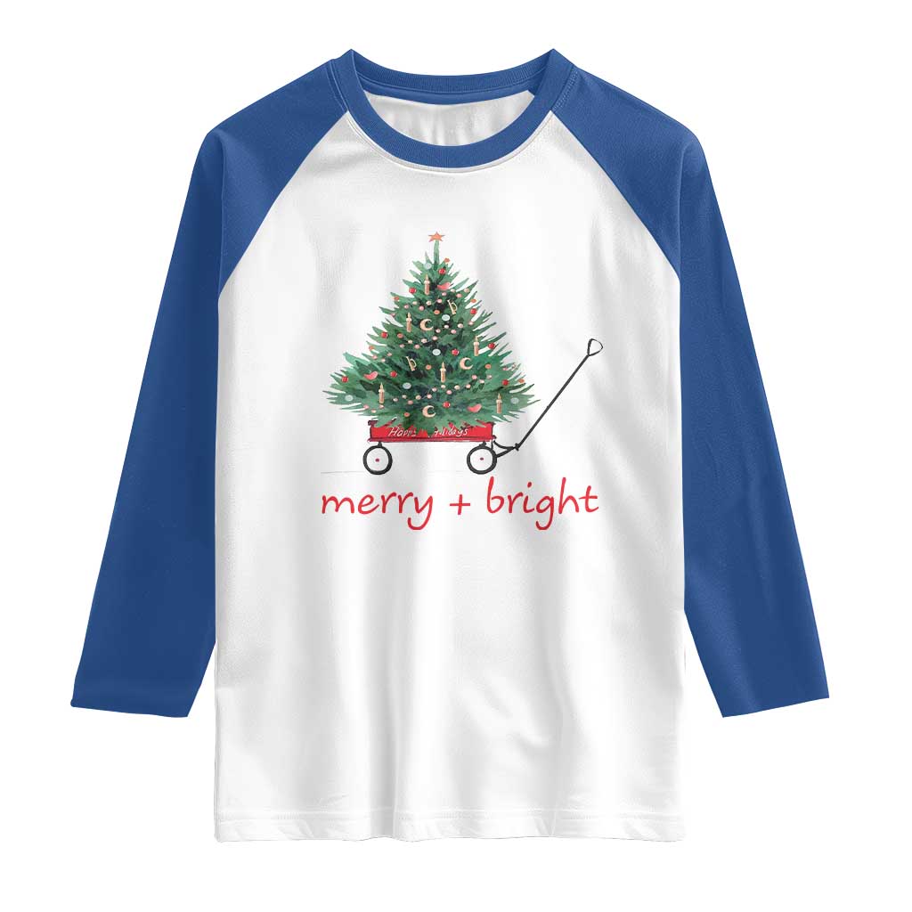 Christmas Raglan Shirt Merry And Bright Retro Xmas Tree Wagon TS11 White Royal Print Your Wear