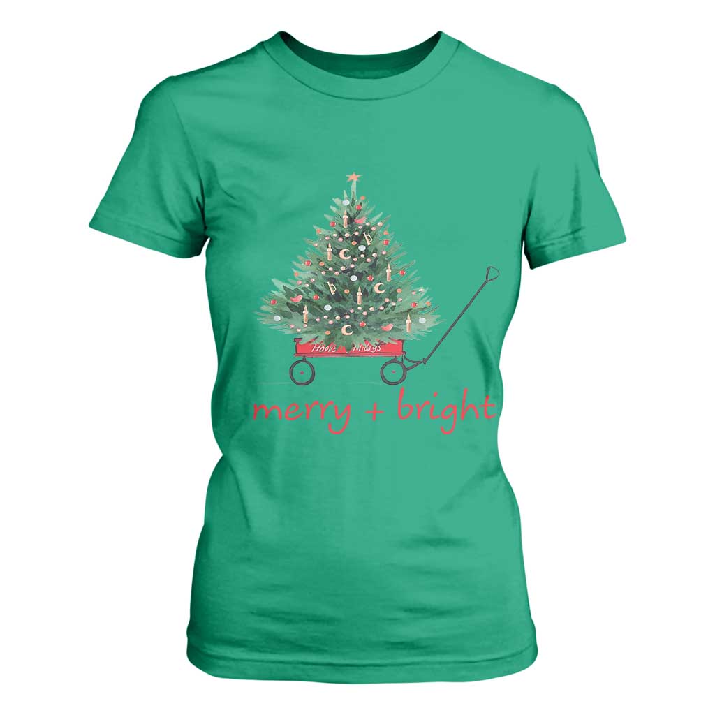 Christmas T Shirt For Women Merry And Bright Retro Xmas Tree Wagon TS11 Irish Green Print Your Wear