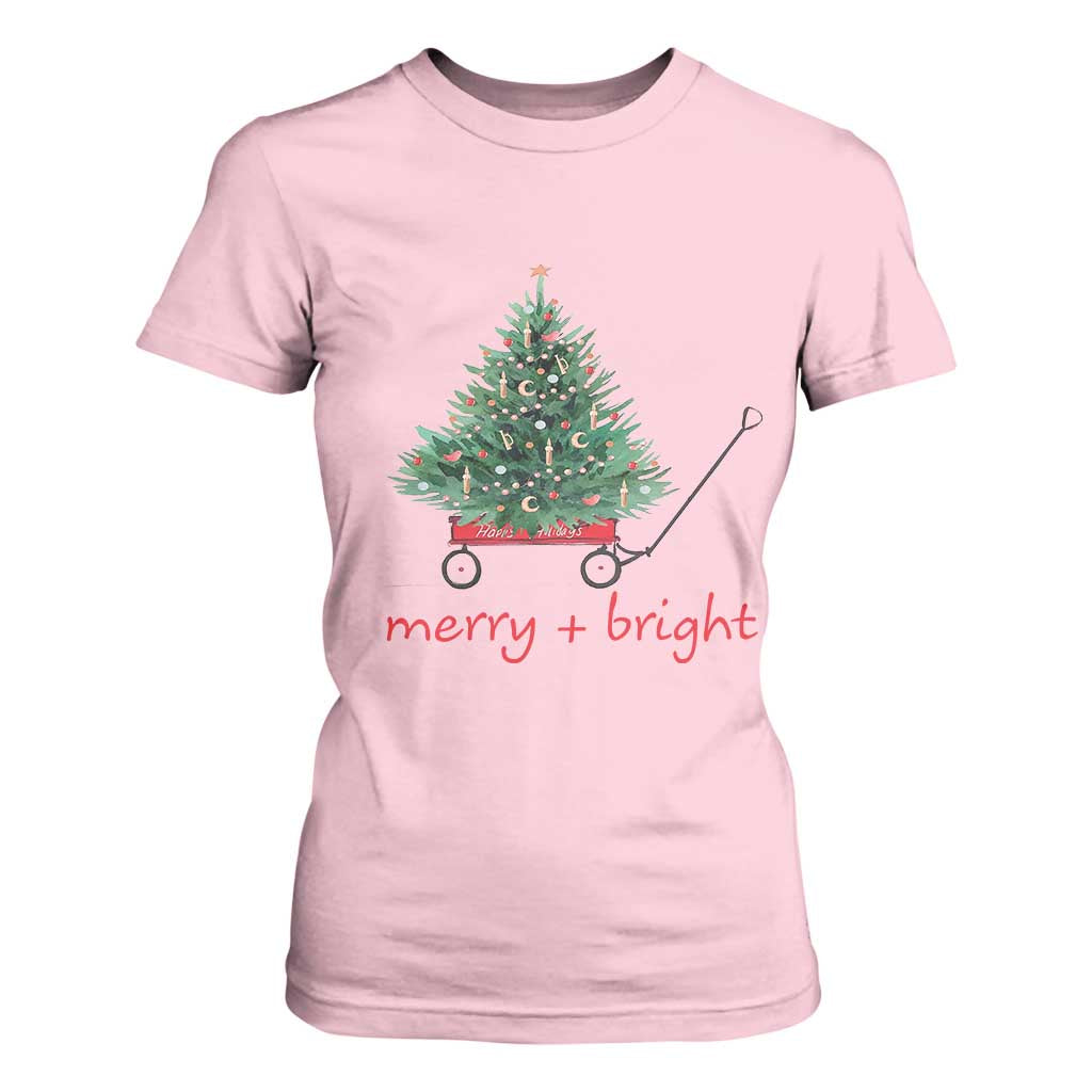 Christmas T Shirt For Women Merry And Bright Retro Xmas Tree Wagon TS11 Light Pink Print Your Wear