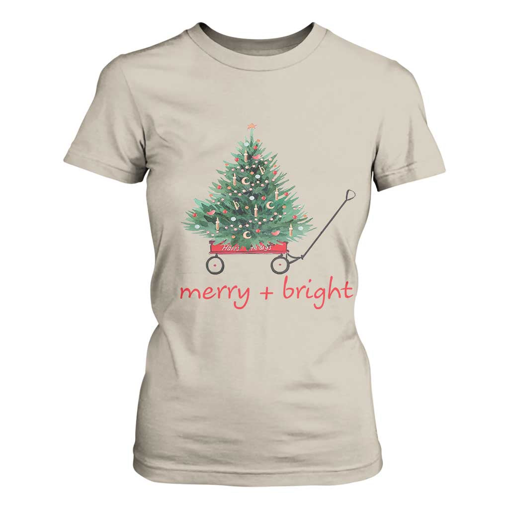 Christmas T Shirt For Women Merry And Bright Retro Xmas Tree Wagon TS11 Sand Print Your Wear