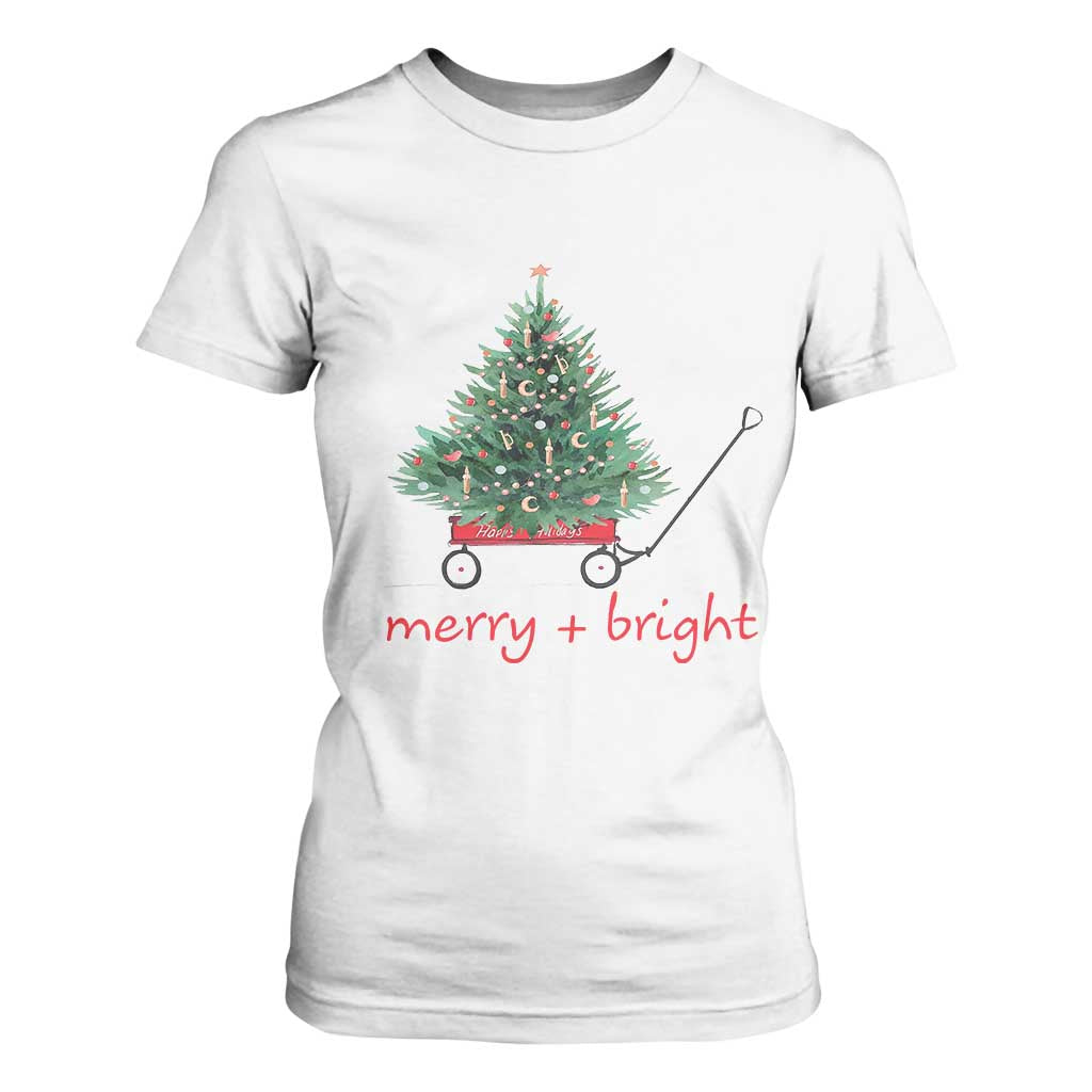 Christmas T Shirt For Women Merry And Bright Retro Xmas Tree Wagon TS11 White Print Your Wear