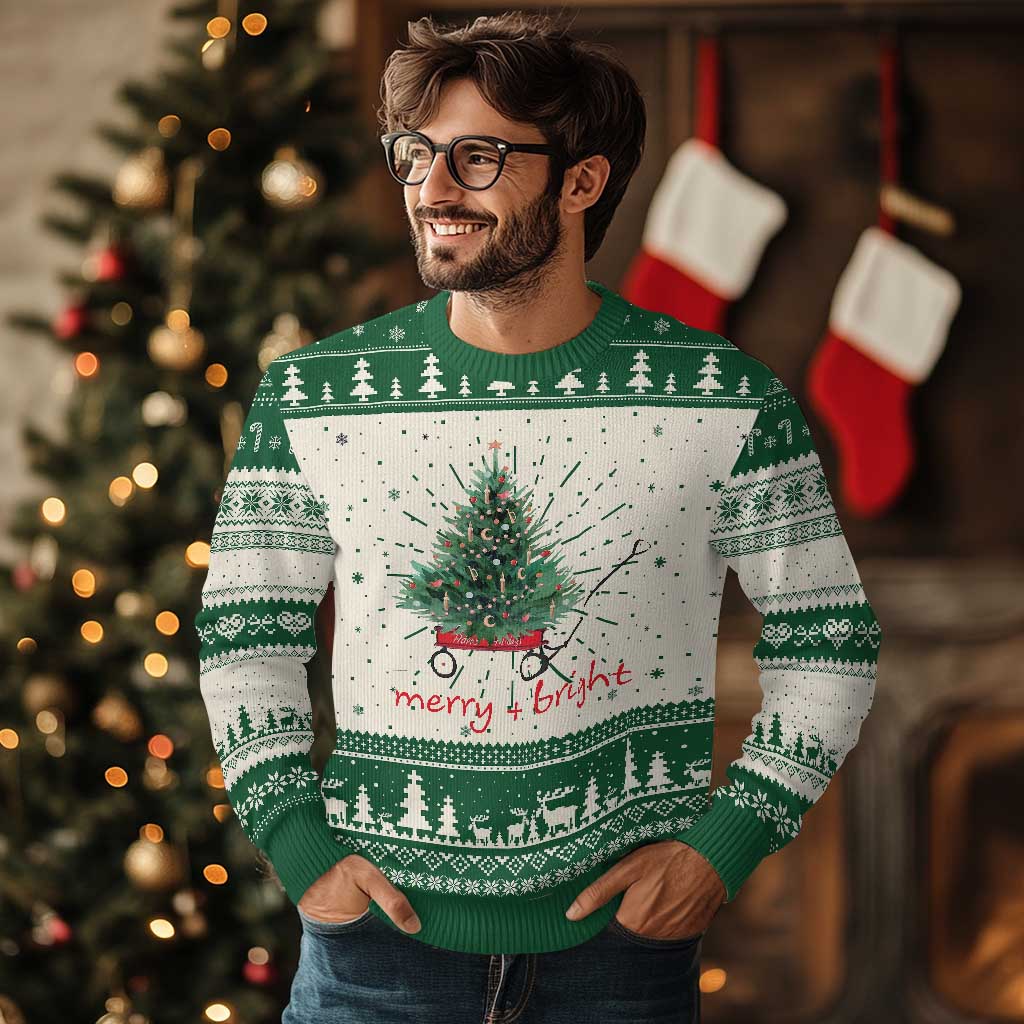 Xmas Ugly Christmas Sweater Merry And Bright Retro Xmas Tree Wagon TS11 Green Print Your Wear