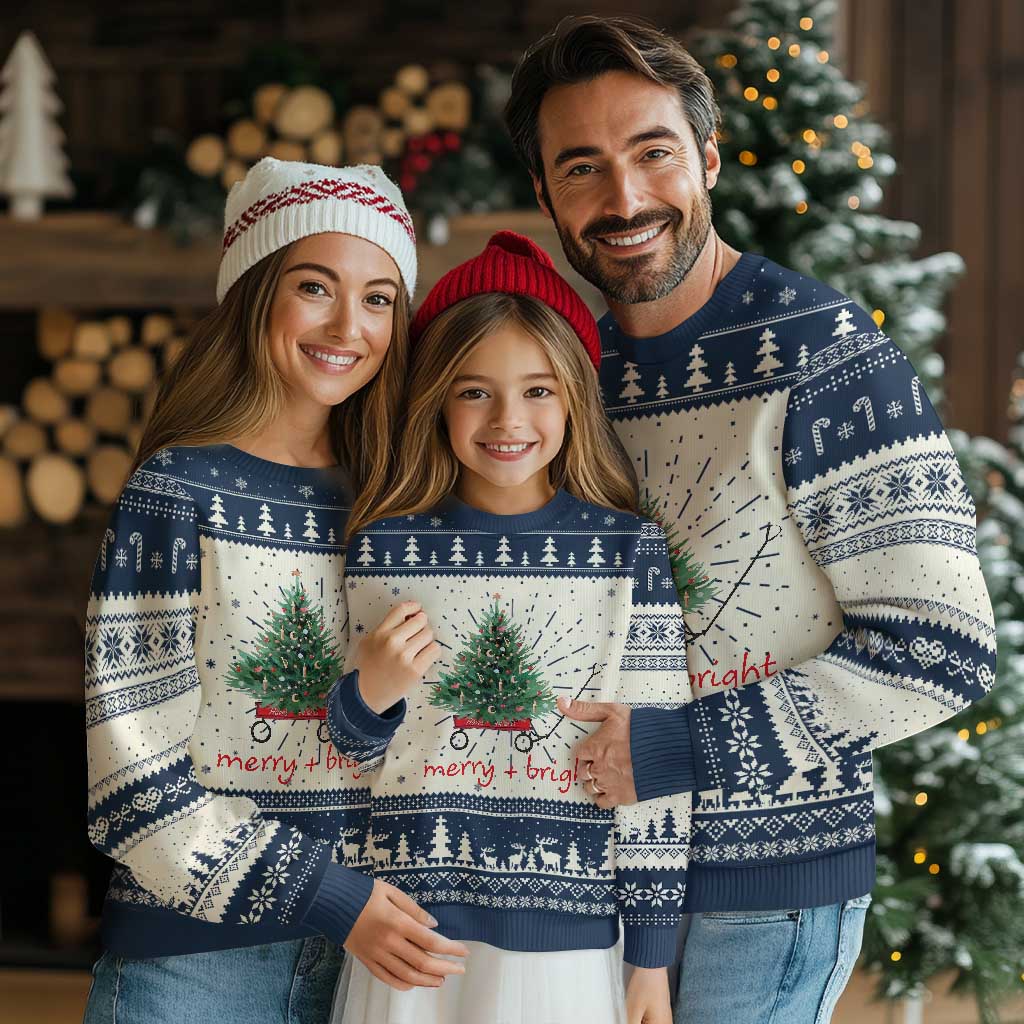 Xmas Ugly Christmas Sweater Merry And Bright Retro Xmas Tree Wagon TS11 Navy Print Your Wear