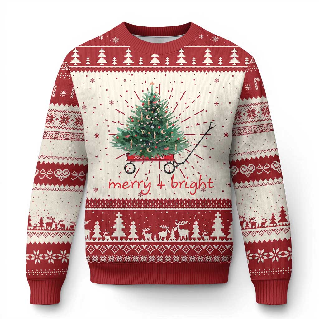 Xmas Ugly Christmas Sweater Merry And Bright Retro Xmas Tree Wagon TS11 Red Print Your Wear