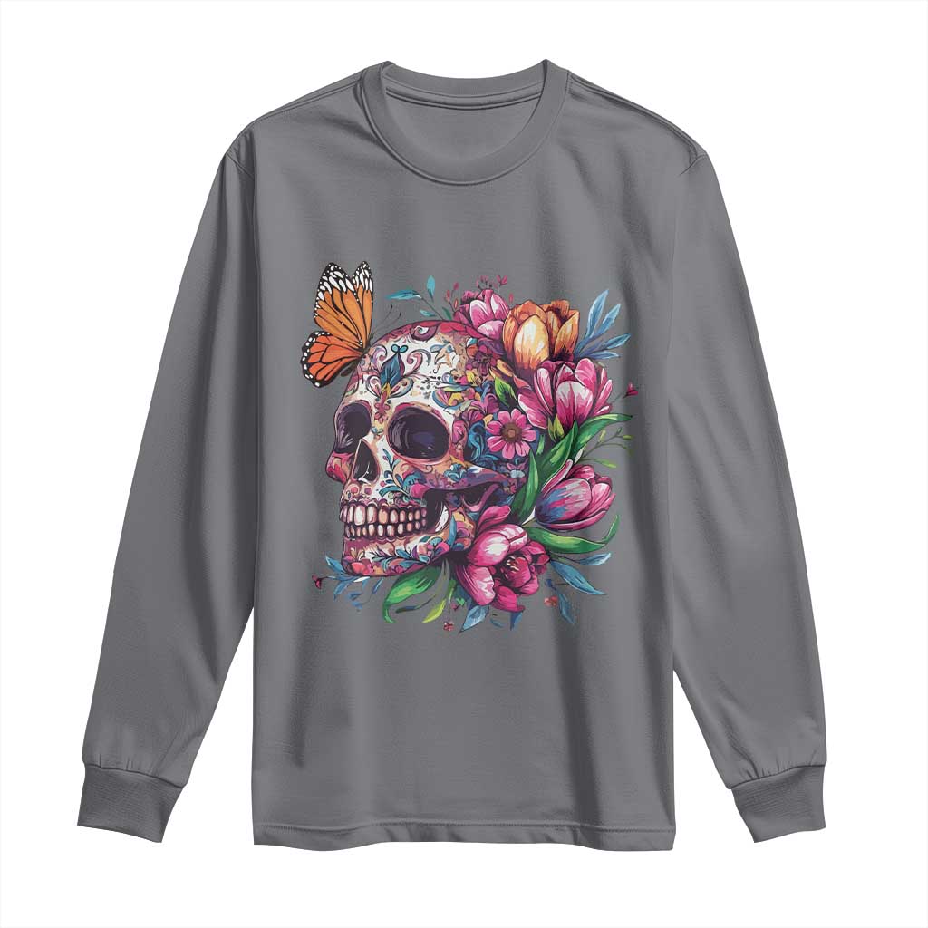 Day Of The Dead Long Sleeve Shirt Vintage Sugar Skull Flower Butterfly TS11 Charcoal Print Your Wear