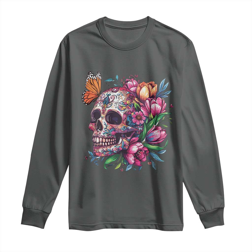Day Of The Dead Long Sleeve Shirt Vintage Sugar Skull Flower Butterfly TS11 Dark Heather Print Your Wear