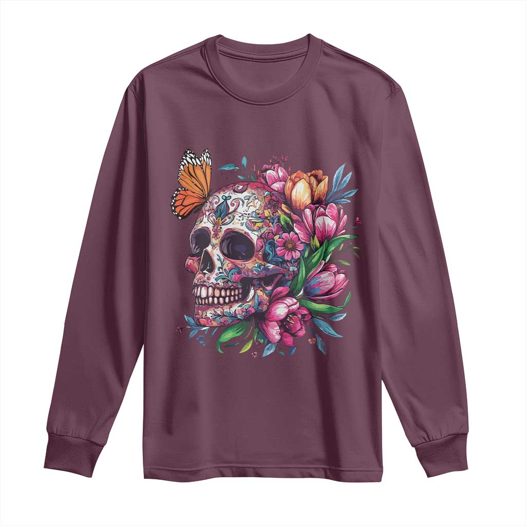 Day Of The Dead Long Sleeve Shirt Vintage Sugar Skull Flower Butterfly TS11 Maroon Print Your Wear