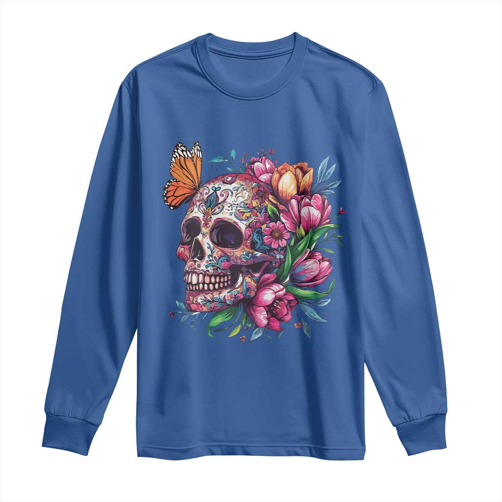 Day Of The Dead Long Sleeve Shirt Vintage Sugar Skull Flower Butterfly TS11 Royal Blue Print Your Wear