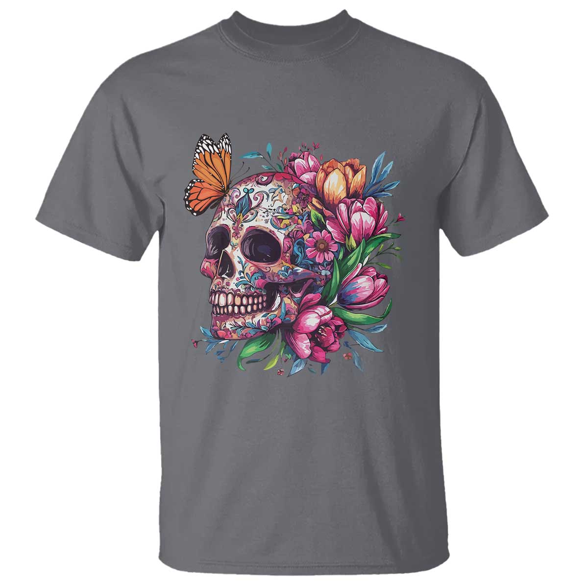 Day Of The Dead T Shirt Vintage Sugar Skull Flower Butterfly TS11 Charcoal Print Your Wear
