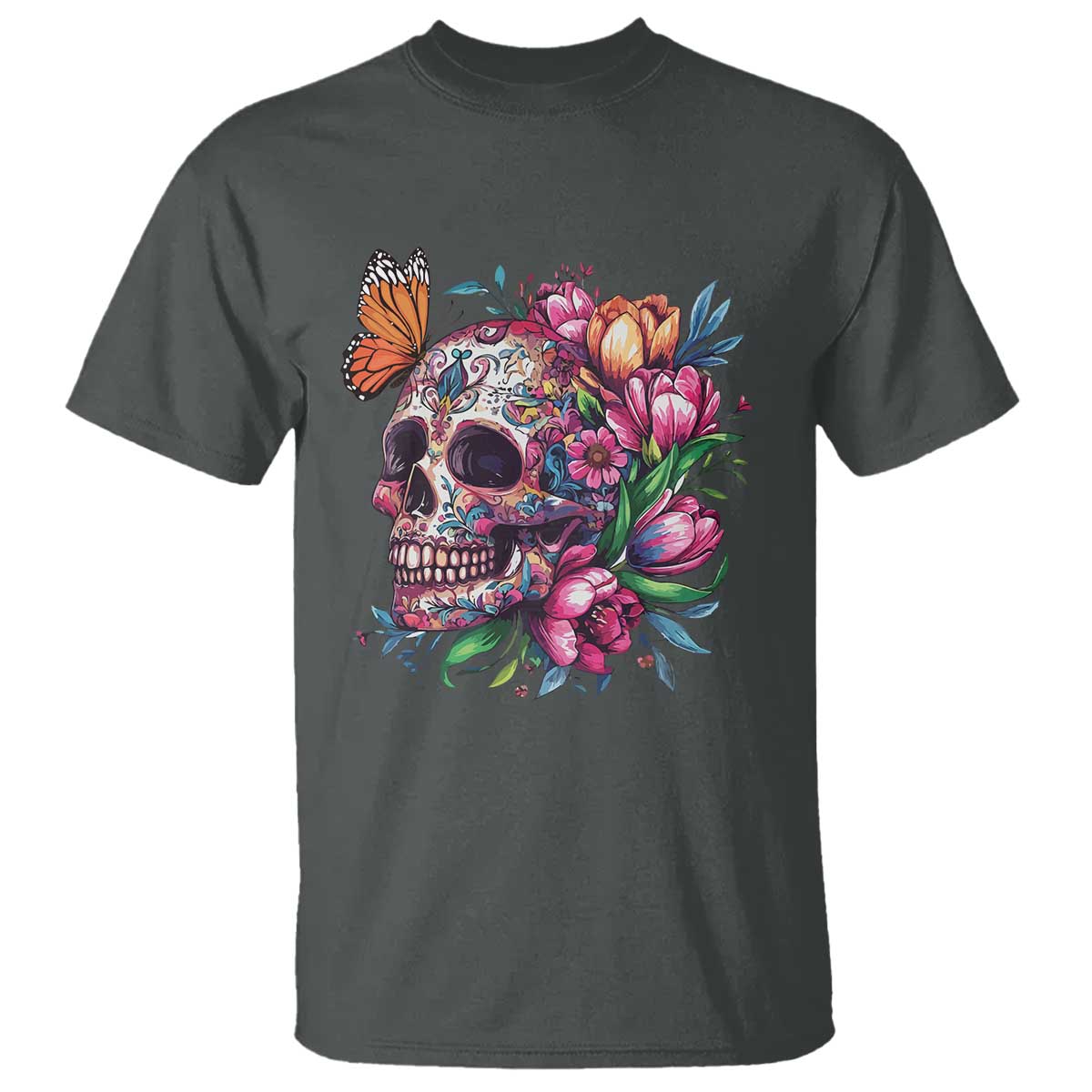 Day Of The Dead T Shirt Vintage Sugar Skull Flower Butterfly TS11 Dark Heather Print Your Wear
