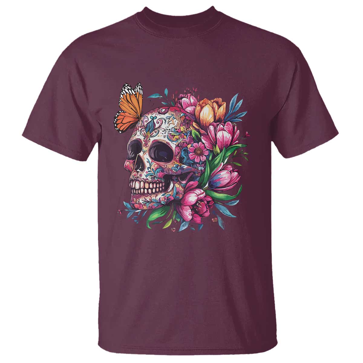 Day Of The Dead T Shirt Vintage Sugar Skull Flower Butterfly TS11 Maroon Print Your Wear