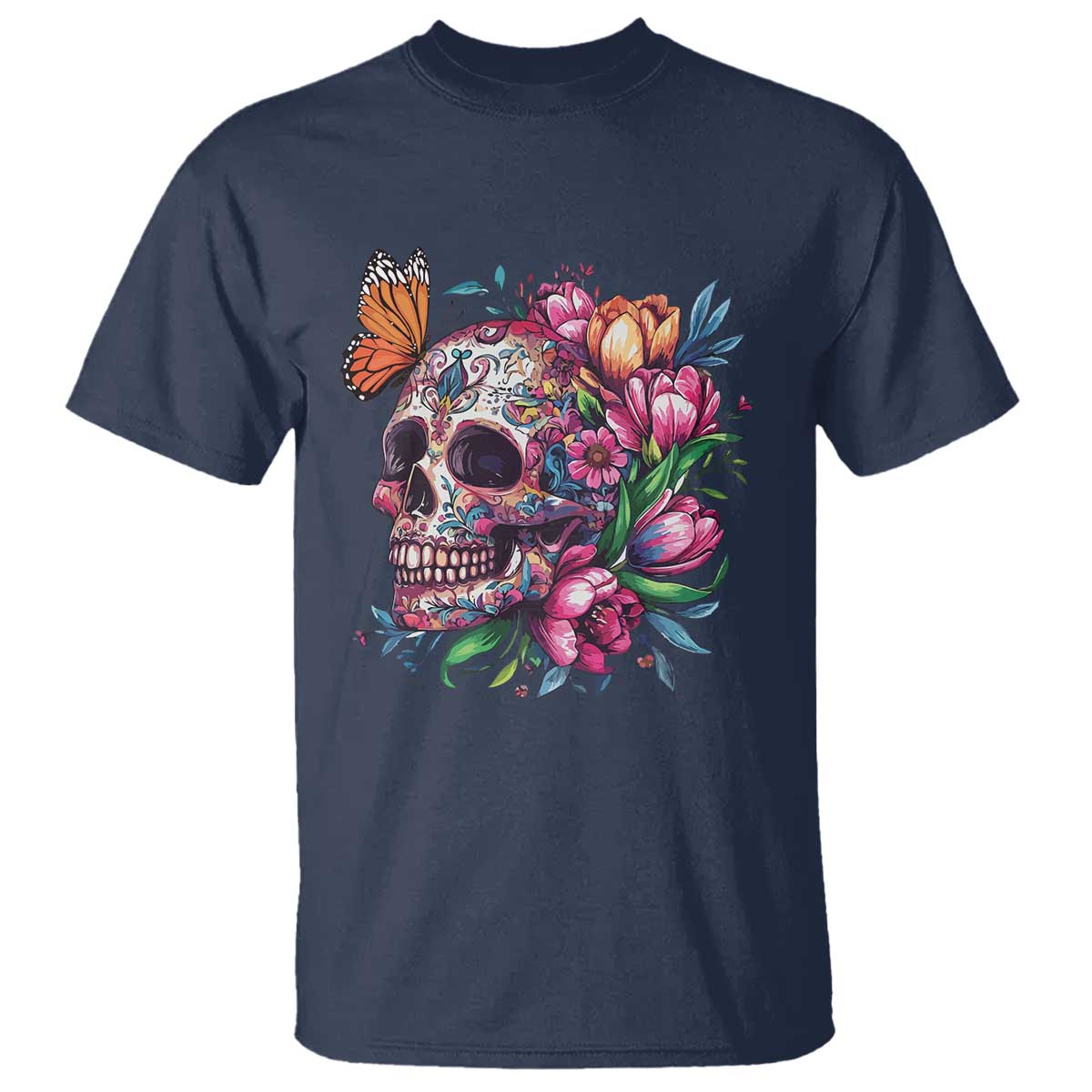 Day Of The Dead T Shirt Vintage Sugar Skull Flower Butterfly TS11 Navy Print Your Wear