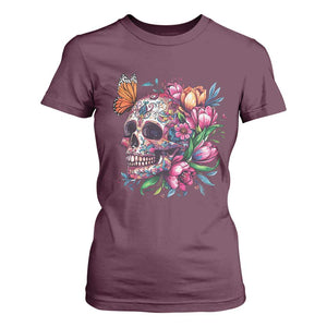 Day Of The Dead T Shirt For Women Vintage Sugar Skull Flower Butterfly TS11 Maroon Print Your Wear
