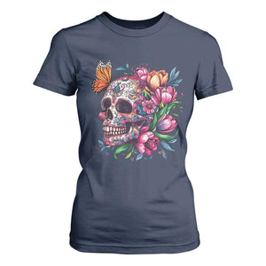 Day Of The Dead T Shirt For Women Vintage Sugar Skull Flower Butterfly TS11 Navy Print Your Wear