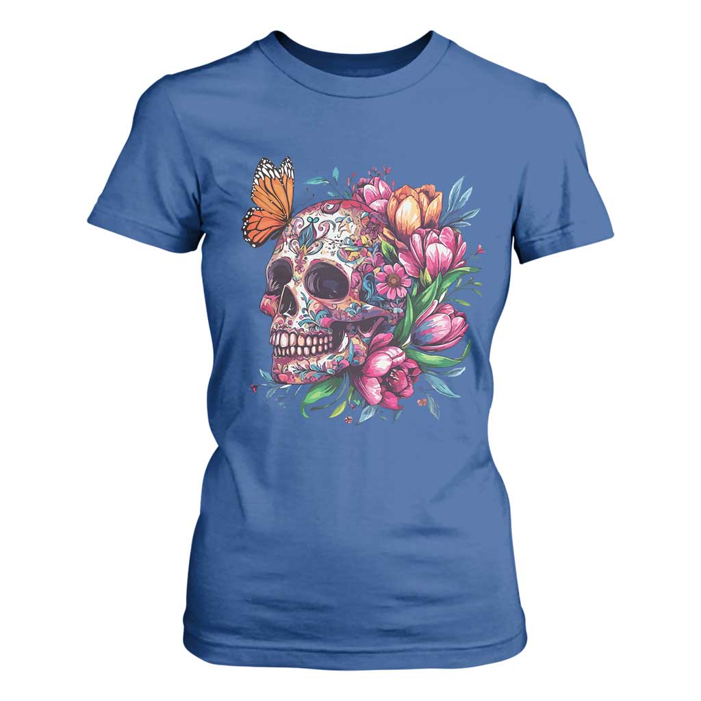 Day Of The Dead T Shirt For Women Vintage Sugar Skull Flower Butterfly TS11 Royal Blue Print Your Wear