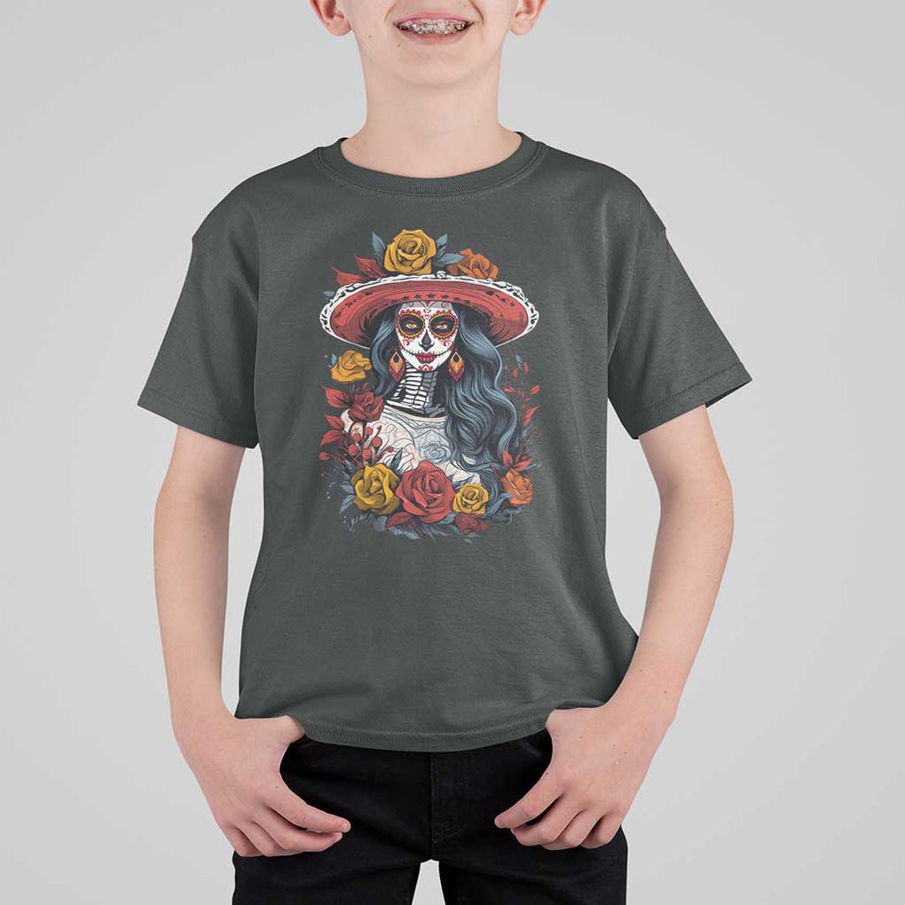 Day Of The Dead T Shirt For Kid La Catrina De Los Muertos Sugar Skull TS11 Dark Heather Print Your Wear