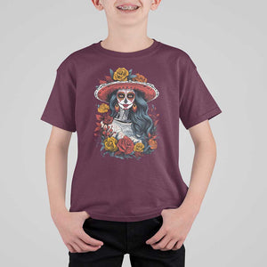 Day Of The Dead T Shirt For Kid La Catrina De Los Muertos Sugar Skull TS11 Maroon Print Your Wear
