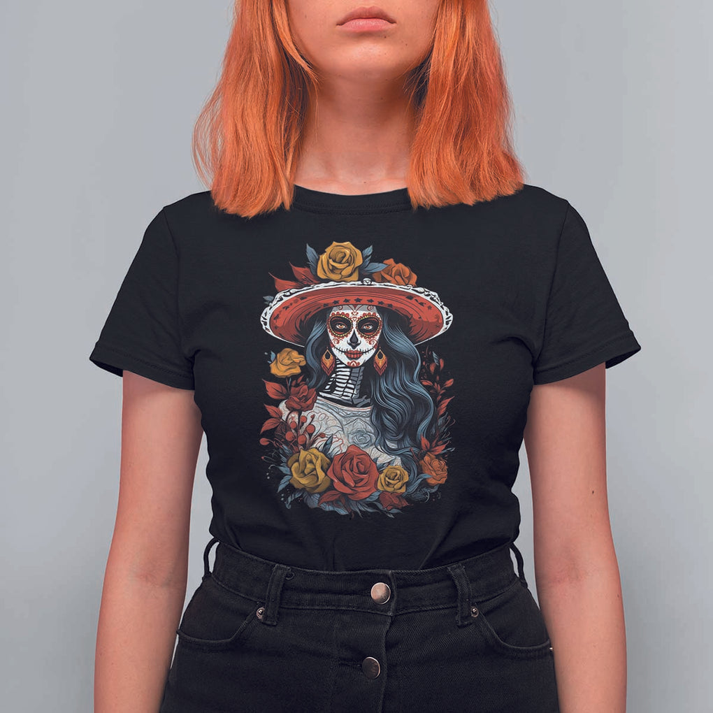Day Of The Dead T Shirt For Women La Catrina De Los Muertos Sugar Skull TS11 Black Print Your Wear