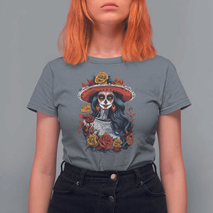 Day Of The Dead T Shirt For Women La Catrina De Los Muertos Sugar Skull TS11 Charcoal Print Your Wear