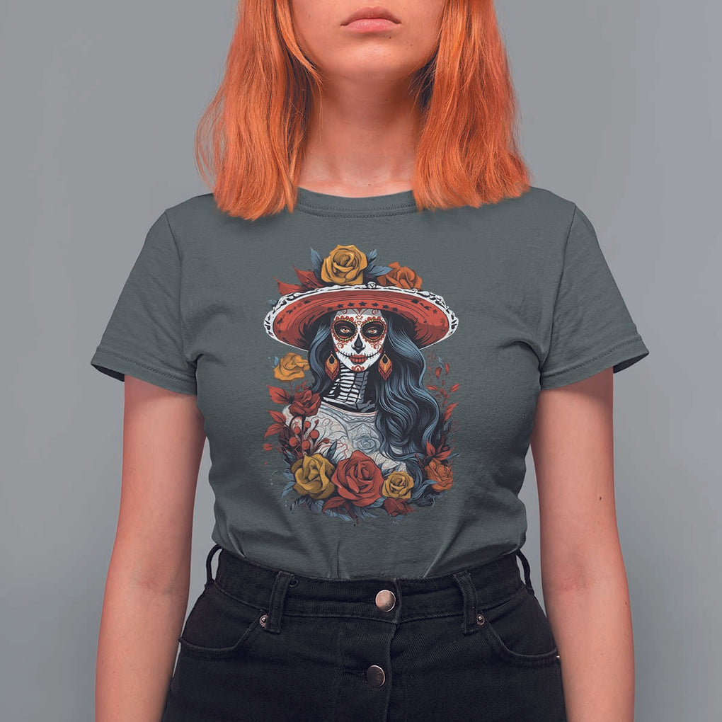 Day Of The Dead T Shirt For Women La Catrina De Los Muertos Sugar Skull TS11 Dark Heather Print Your Wear