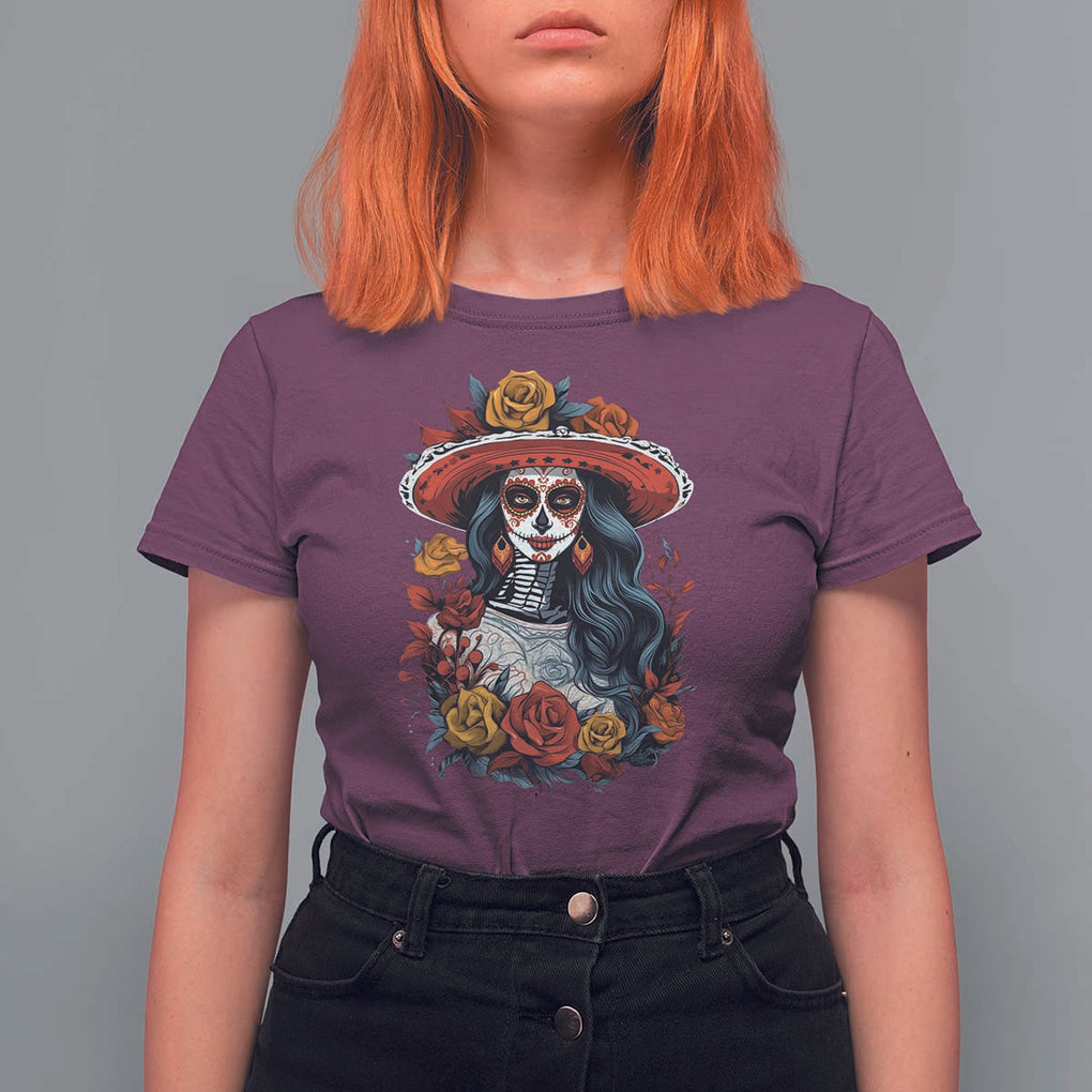 Day Of The Dead T Shirt For Women La Catrina De Los Muertos Sugar Skull TS11 Maroon Print Your Wear