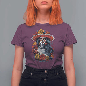 Day Of The Dead T Shirt For Women La Catrina De Los Muertos Sugar Skull TS11 Maroon Print Your Wear