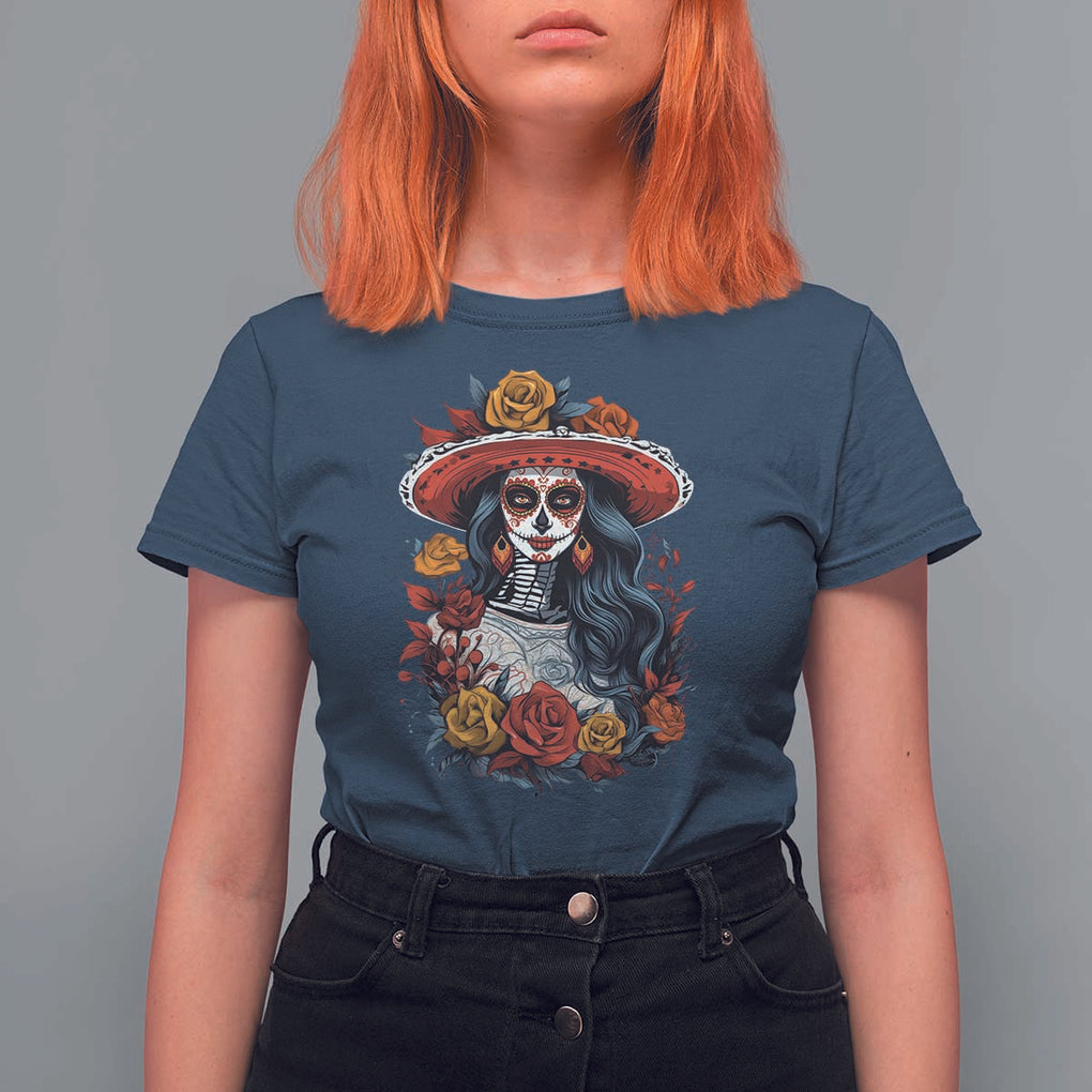 Day Of The Dead T Shirt For Women La Catrina De Los Muertos Sugar Skull TS11 Navy Print Your Wear