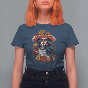 Day Of The Dead T Shirt For Women La Catrina De Los Muertos Sugar Skull TS11 Navy Print Your Wear