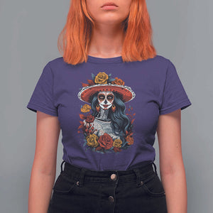 Day Of The Dead T Shirt For Women La Catrina De Los Muertos Sugar Skull TS11 Purple Print Your Wear
