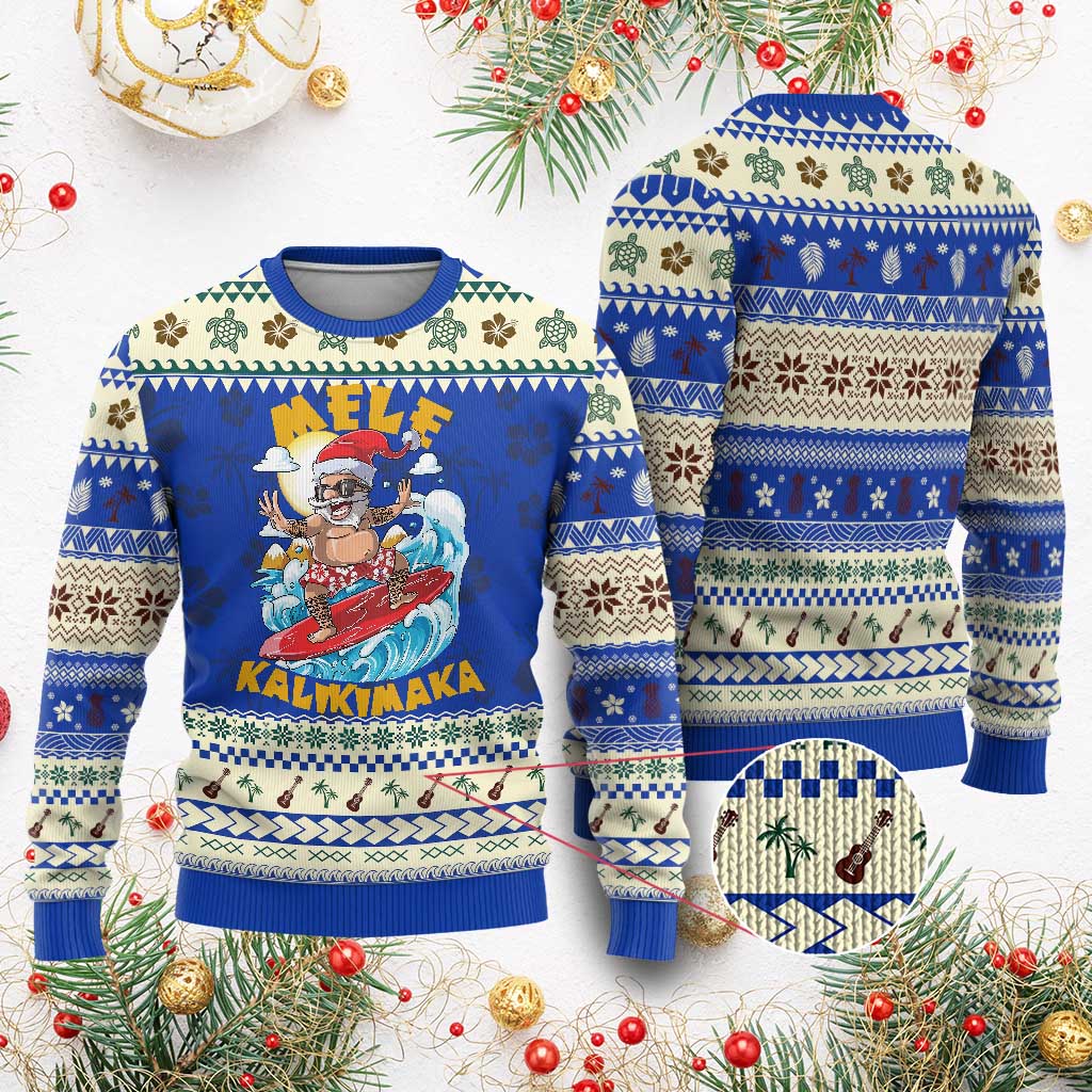 Xmas In Hawaii Ugly Christmas Sweater Mele Kalikimaka Surfing Santa Kakau Tattoo TS11 Blue Print Your Wear