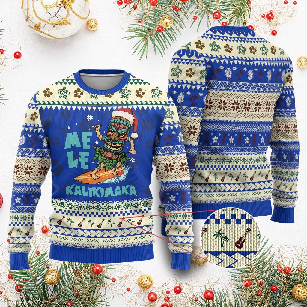 Christmas In Hawaii Ugly Christmas Sweater Mele Kalikimaka Santa Tiki Surfing Kakau Tattoo TS11 Blue Print Your Wear