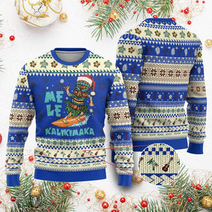 Christmas In Hawaii Ugly Christmas Sweater Mele Kalikimaka Santa Tiki Surfing Kakau Tattoo TS11 Blue Print Your Wear
