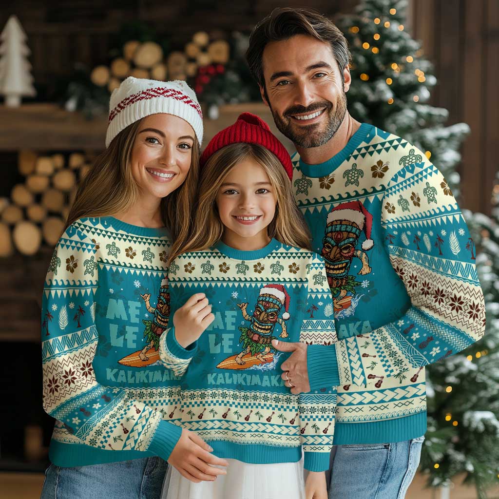 Christmas In Hawaii Ugly Christmas Sweater Mele Kalikimaka Santa Tiki Surfing Kakau Tattoo TS11 Teal Print Your Wear