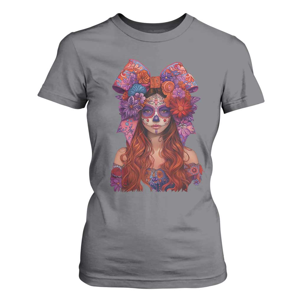 Day Of The Dead T Shirt For Women La Catrina Coquette Calaca Face Painting TS11 Charcoal Print Your Wear
