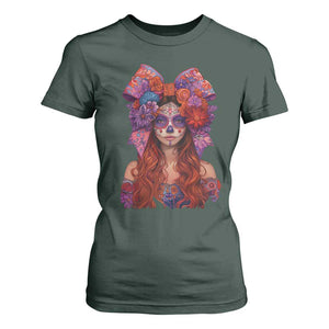 Day Of The Dead T Shirt For Women La Catrina Coquette Calaca Face Painting TS11 Dark Forest Green Print Your Wear