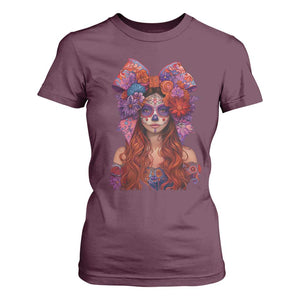 Day Of The Dead T Shirt For Women La Catrina Coquette Calaca Face Painting TS11 Maroon Print Your Wear