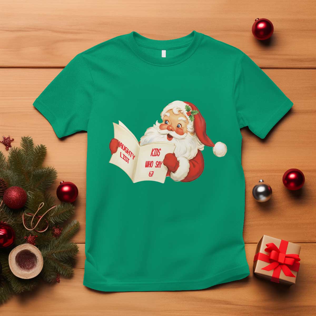 Funny 67 Christmas Santa T Shirt Naughty List Kids Who Say Six Seven Meme TS11 Irish Green Print Your Wear
