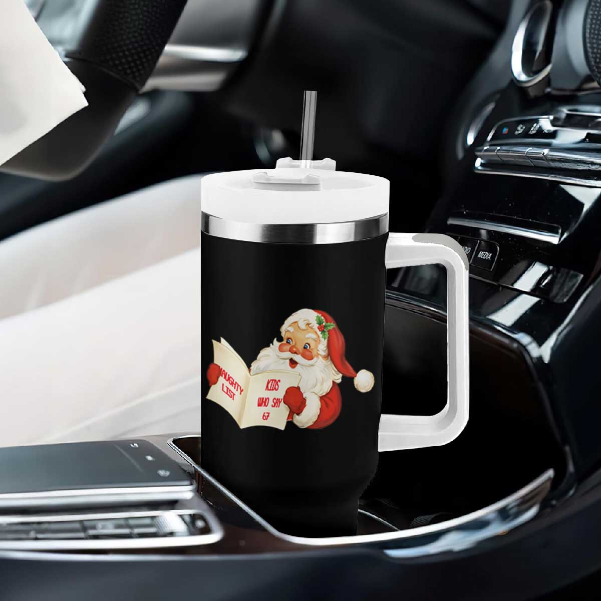 Funny 67 Christmas Santa Tumbler With Handle Naughty List Kids Who Say Six Seven Meme TS11 Print Your Wear