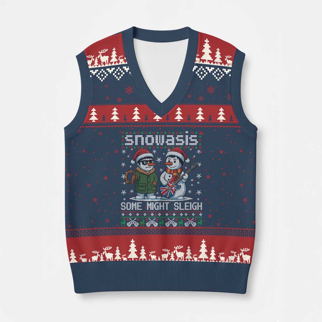 Snowasis Some Might Sleigh V-Neck Knit Sweater Vest Funny Xmas Snowmen Rock Band Parody TS11 Navy Red Print Your Wear