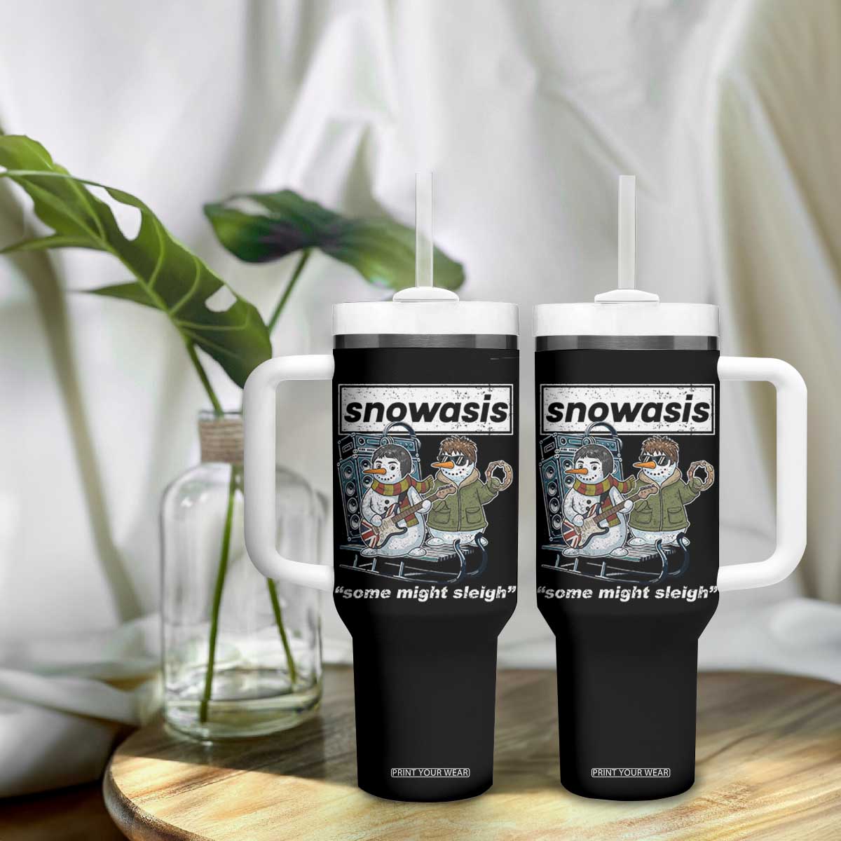 Snowasis Some Might Sleigh Tumbler With Handle Funny Christmas Snowmen Rock Band TS11 Print Your Wear