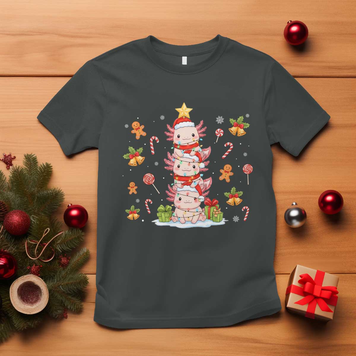 Funny Christmas Kawaii Axolotl Xmas Tree T Shirt TS11 Dark Heather Print Your Wear
