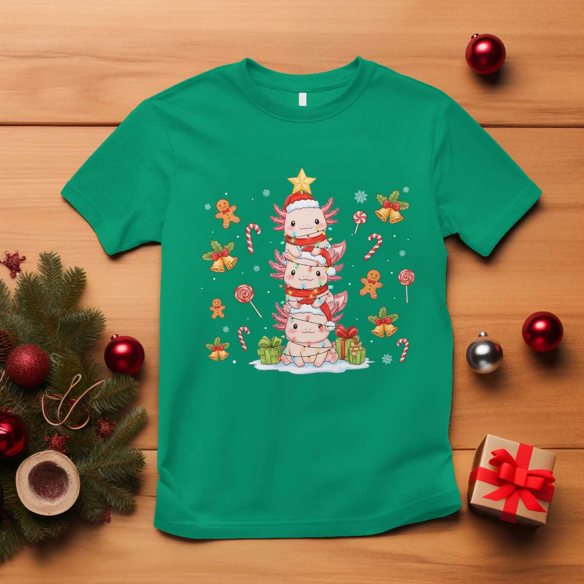 Funny Christmas Kawaii Axolotl Xmas Tree T Shirt TS11 Irish Green Print Your Wear