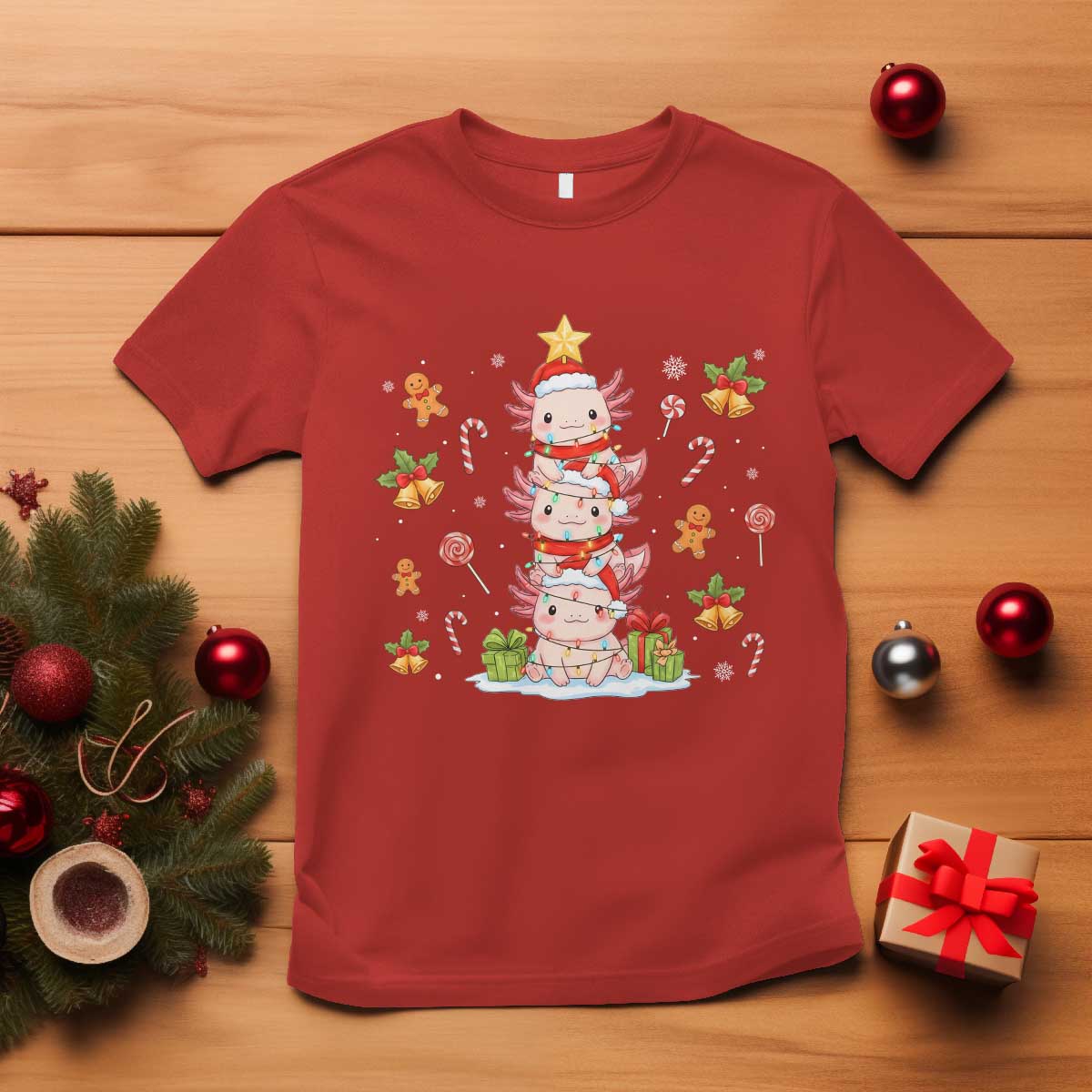 Funny Christmas Kawaii Axolotl Xmas Tree T Shirt - Print Your Wear