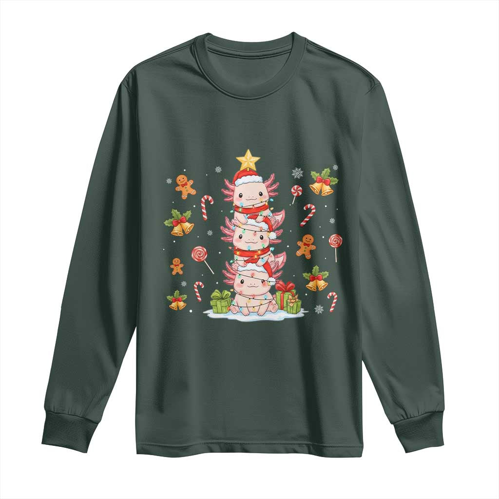 Funny Christmas Kawaii Axolotl Xmas Tree Long Sleeve Shirt TS11 Dark Forest Green Print Your Wear