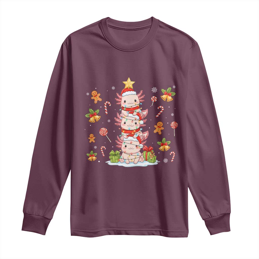 Funny Christmas Kawaii Axolotl Xmas Tree Long Sleeve Shirt TS11 Maroon Print Your Wear
