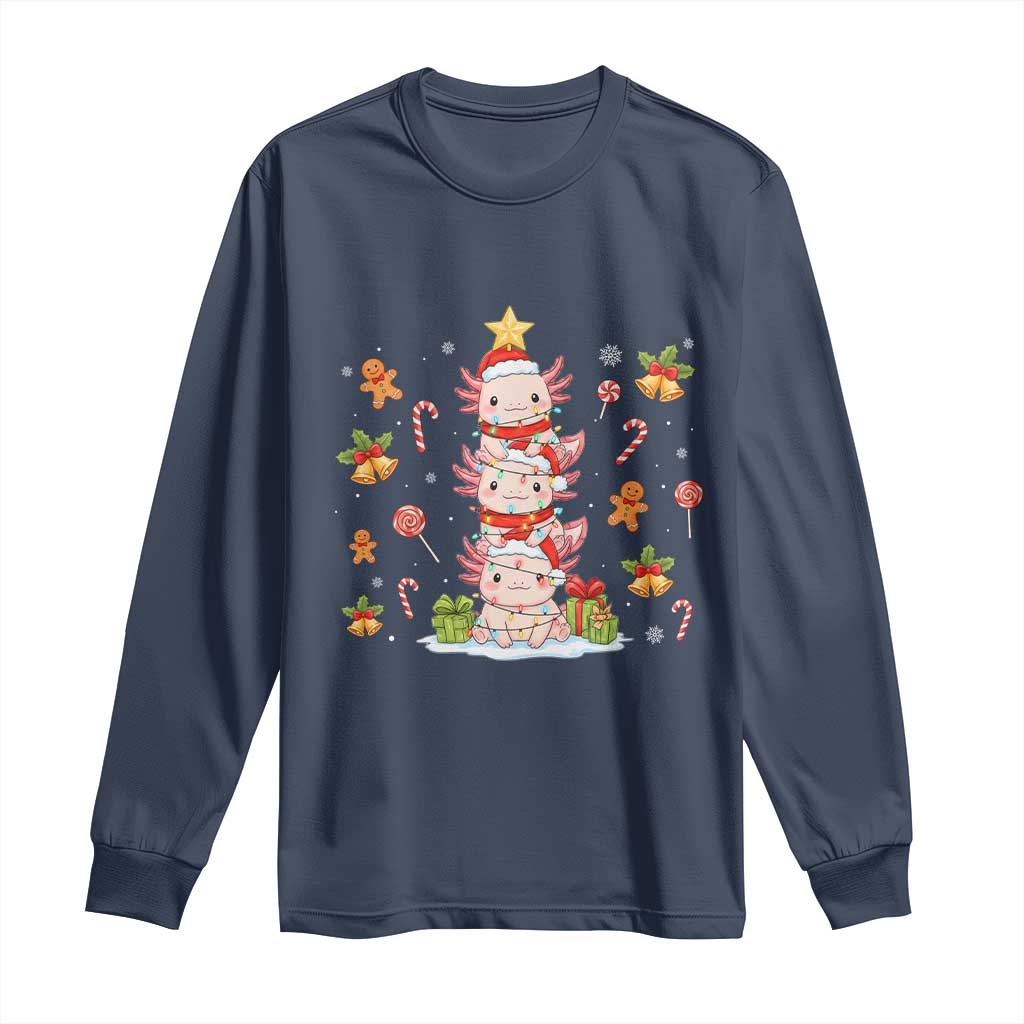 Funny Christmas Kawaii Axolotl Xmas Tree Long Sleeve Shirt TS11 Navy Print Your Wear