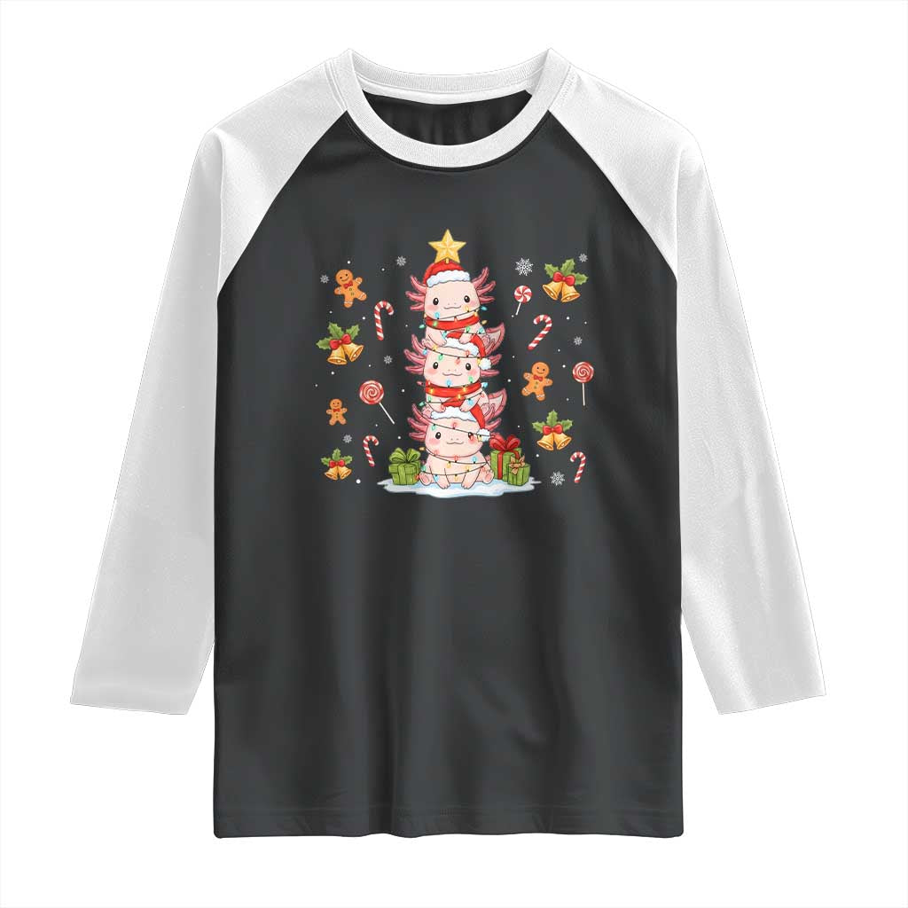 Funny Christmas Kawaii Axolotl Xmas Tree Raglan Shirt TS11 Black White Print Your Wear
