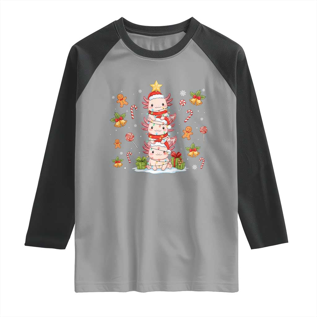 Funny Christmas Kawaii Axolotl Xmas Tree Raglan Shirt TS11 Sport Gray Black Print Your Wear