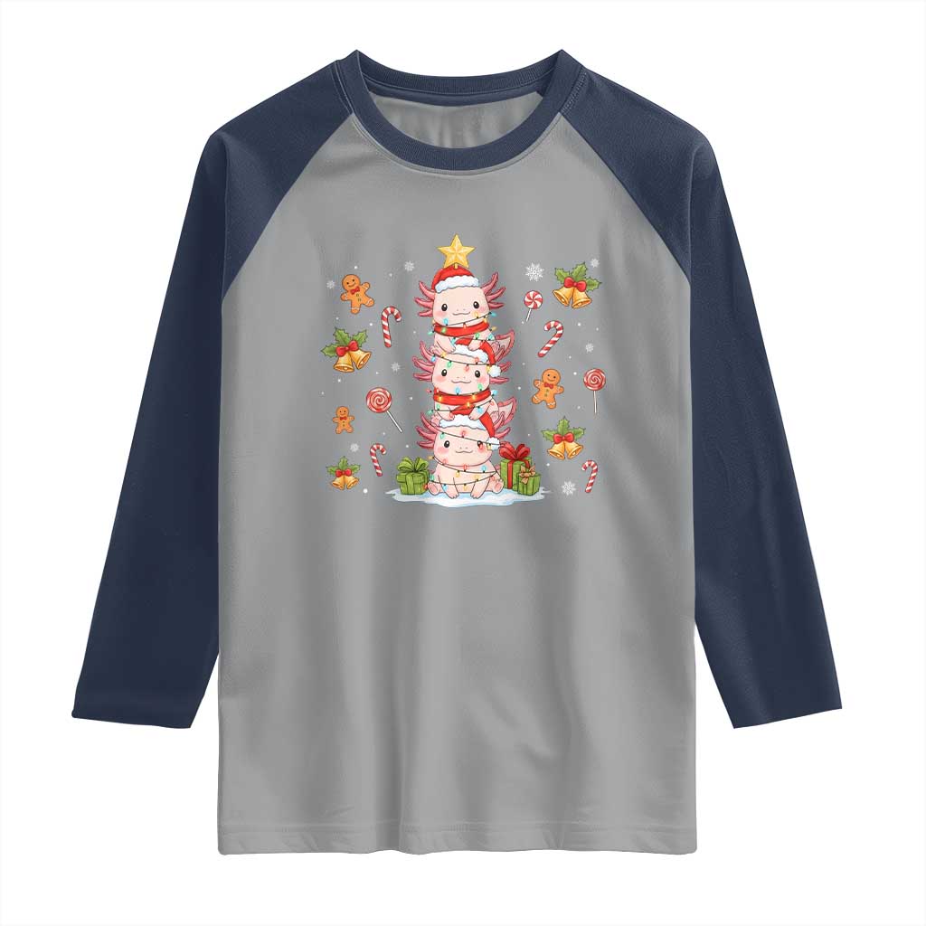 Funny Christmas Kawaii Axolotl Xmas Tree Raglan Shirt TS11 Sport Gray Navy Print Your Wear